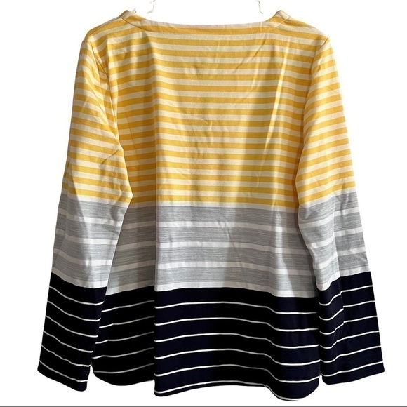 T by Talbots Yellow Black Gray & White Striped Top with Button Side Hem PL NWOT - Picture 7 of 9